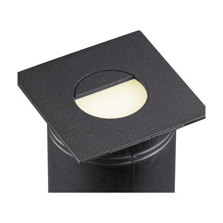 Aspen IP65 outdoor wall light in sand black, square aluminium face with hooded eyelid front over a cylindrical mount, warm white LED, shown on plain white background.