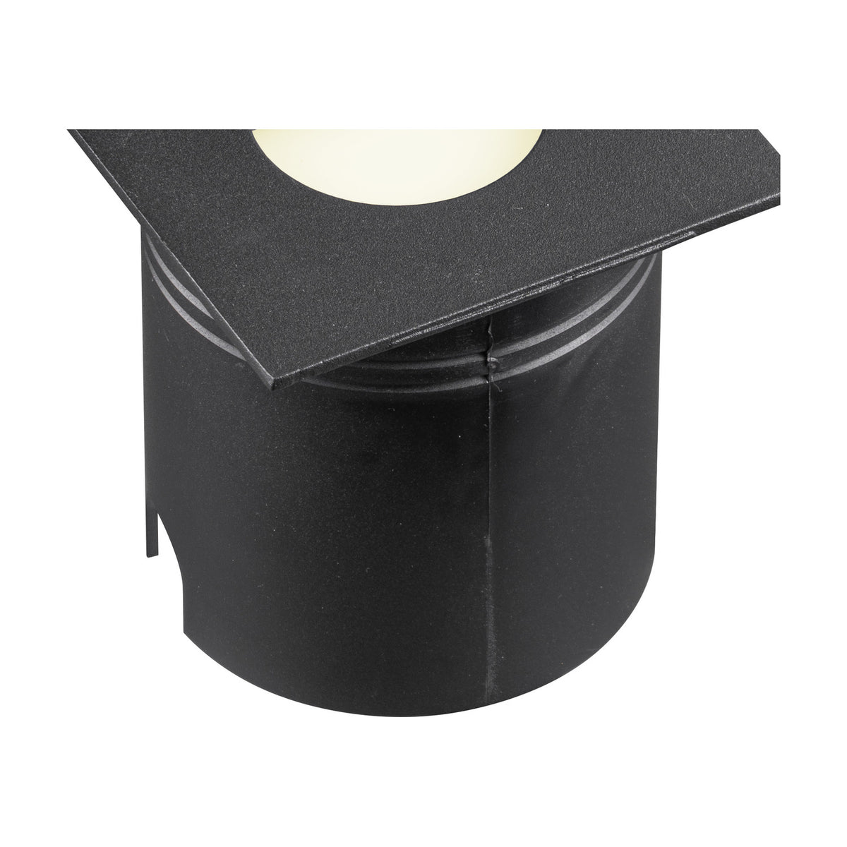 Aspen IP65 outdoor wall light close-up showing the round aluminium body and square sand black hooded faceplate with integrated LED, on a plain white background.