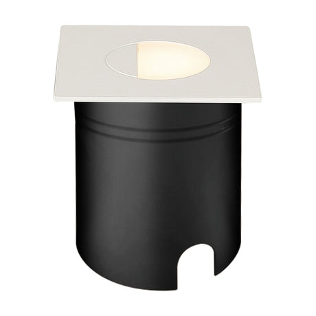 Aspen IP65 outdoor wall light with square sand white faceplate and black cylindrical body, integrated LED with warm white glow, on plain background.