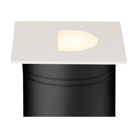 Sand white Aspen IP65 outdoor wall light, square recessed fitting with hooded eyelid front and warm white LED, mounted on a black post.