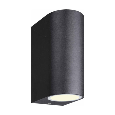 Kandanchu 2 Light Round Outdoor Wall Light in sand black, a cylindrical aluminium fixture with a matt textured finish and lower glass lens, shown on a plain white background.