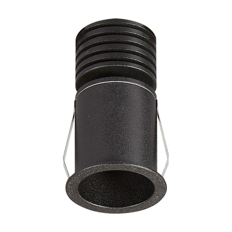 Guincho 3W LED spotlight in sand black aluminium, ribbed cylindrical body with spring clips, 41mm dia, 35mm cut-out, shown against a plain white background.
