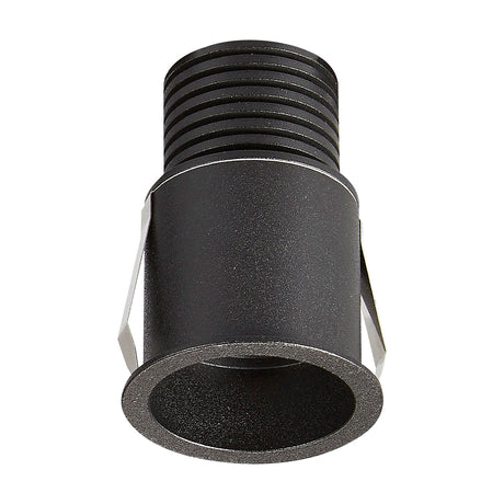 Guincho 5W LED spotlight in sand black aluminium, showing ribbed heatsink body, round 55mm bezel, and mounting clips, on a plain white background.