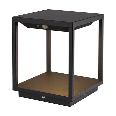 Meribel IP54 post light in graphite aluminium, open cube frame with bronze-tone base shelf, integrated LED, sensor and touch switch on top panel, plain white background.