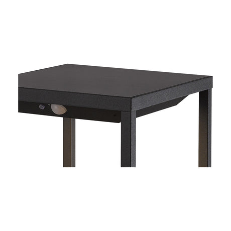Close-up of a black table's corner edge, showing a matte tabletop, square legs, and a built-in touch switch with sensor on the underside, set against a plain white background.