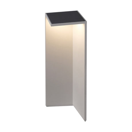 Chevalier 2.2W IP54 bollard light, 34cm tall, graphite finish with angular aluminium body and textured top, warm LED glow visible inside, shown on a plain white background.