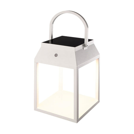 White aluminium Sapporo IP54 Lantern, 17.5cm, with square glass panels, black-topped lid, arched carry handle, and touch switch, glowing warm white on a plain background.