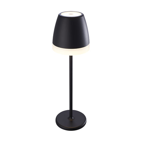 K3 IP54 Lantern in black, a cordless table lamp with tapered shade, slim stem and round base, shown on a plain white background.