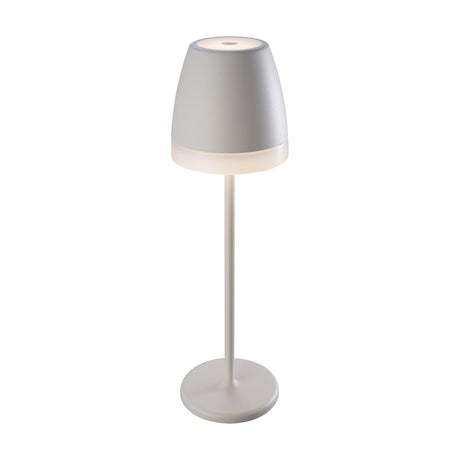 K3 IP54 Lantern 11cm cordless table lamp in white, tapered shade with touch-dimmer top and slim stem on round base, shown on a plain white background.