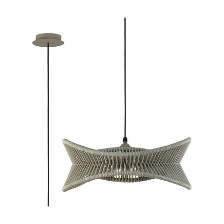 Polinesia E27 pendant light in Beige Oscu, a 60cm wide woven bow-tie shaped shade with black cable and round ceiling rose, shown on a plain white background.