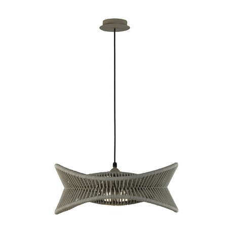 Polinesia E27 pendant light in beige Oscu, a 60cm wide woven fabric and iron shade with a bow-tie shape, hung from a black cord on a round ceiling rose, shown on a plain white background.