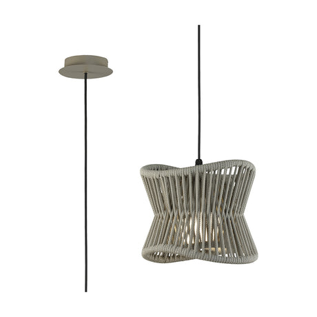 Polinesia E27 pendant light in beige with a woven, hourglass-shaped shade and black flex cord, shown alongside its round ceiling mount on a white background.