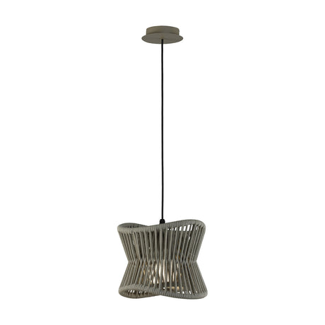 Polinesia E27 pendant light, 31cm, with a woven beige rope shade shaped like an hourglass, suspended on a black flex from a round beige ceiling cap, shown on a plain white background.