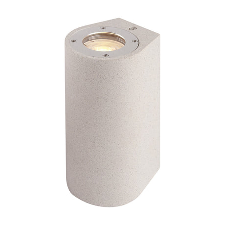 Levi IP65 round outdoor wall light in white concrete, cylindrical body with chrome-trimmed lens showing a lit GU10 bulb, shown on a plain white background.