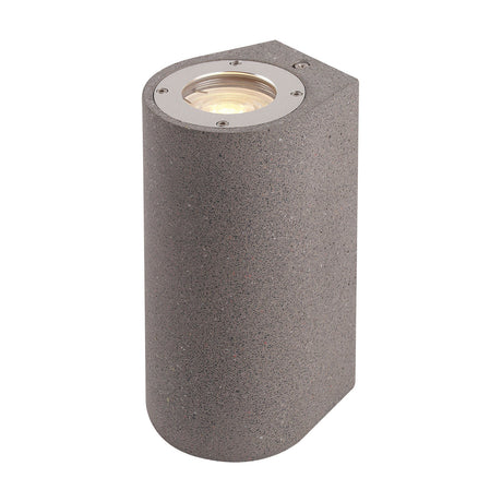 Levi IP65 round outdoor wall light, a compact grey concrete cylinder with a GU10 lamp visible behind a round glass and metal cover, shown on a plain white background.