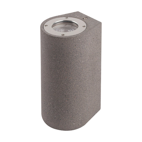 Levi IP65 outdoor wall light, a grey concrete cylinder with a round glass-covered GU10 lamp face and visible fixing screws, shown on a plain white background.