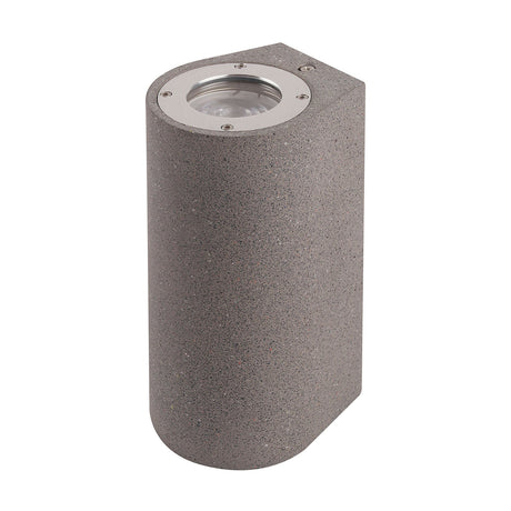 Levi IP65 outdoor wall light, 18cm grey concrete cylinder with a round chrome-trimmed GU10 lamp fitting at the top, shown on a plain white background.