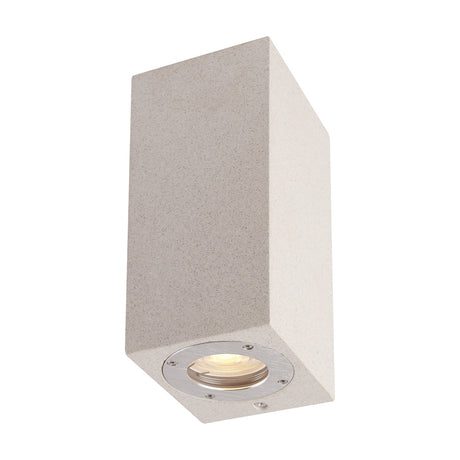 Levi IP65 rectangular outdoor wall light in white concrete, a compact block with matt textured finish and one visible GU10 downlight, shown on a plain white background.