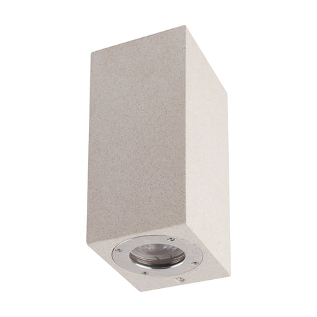 Levi IP65 rectangular outdoor wall light in white concrete, a compact matt block with visible grain and a GU10 lamp fitting, shown on a plain white background.