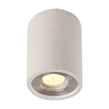 Levi GU10 round spotlight, 90mm cylindrical white concrete housing with a single lit downlight in a brushed metal trim, shown on a plain background.