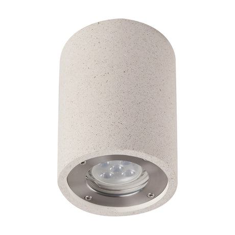 Levi GU10 round spotlight, 90mm white concrete cylindrical body with recessed brushed metal GU10 fitting, shown on a plain white background.