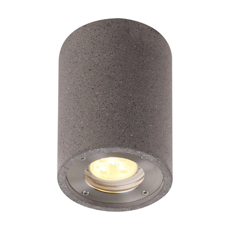 Levi GU10 Round Spotlight 90mm in grey concrete, a cylindrical surface-mounted fixture with a brushed metal ring around the lit GU10 bulb, shown on a white background.