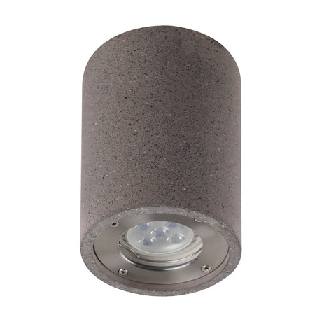 Levi GU10 Round Spotlight 90mm in grey concrete, cylindrical surface light with GU10 LED bulb and brushed metal trim, shown at an angle on a white background.