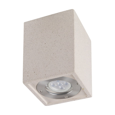 Levi GU10 rectangular spotlight in white concrete, a square-block fixture with a recessed GU10 reflector lamp and brushed metal trim, shown on a plain white background.