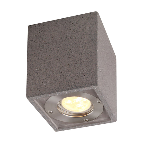 Levi GU10 rectangular spotlight in grey cast concrete, a cube-shaped fixture with a brushed metal bezel and LED bulb, shown on a white background.
