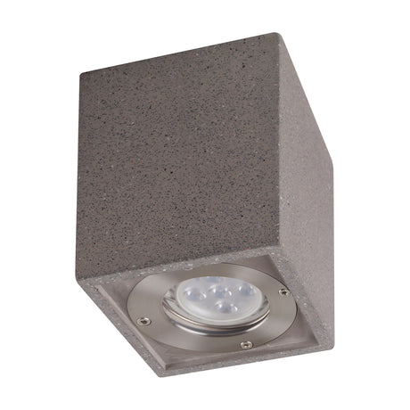Levi GU10 rectangular spotlight in grey cast concrete, cube-shaped body with brushed steel front plate and LED bulb, shown on a white background.