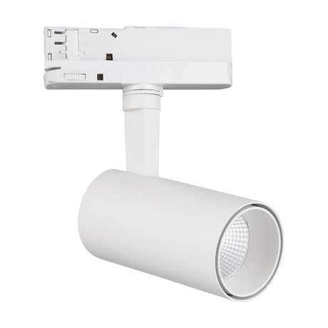Fiji 20W Track Light, white cylindrical spot head with integrated LED and three-circuit track adaptor, shown on a plain white background.