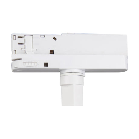 Fiji 20W Track Light in white aluminium, showing the three-circuit track adaptor with locking mechanism and connector pins, on a plain background.
