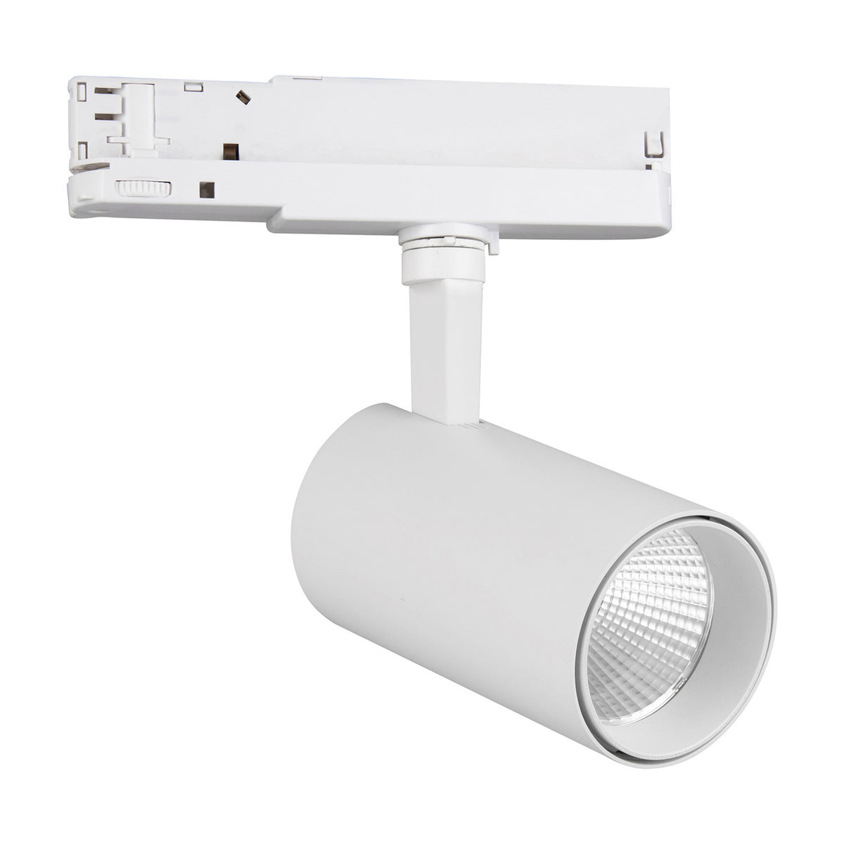 Fiji 30W Track Light in white, showing the compact cylinder head with three-circuit track adaptor, integrated LED and 80mm body, on a plain white background.