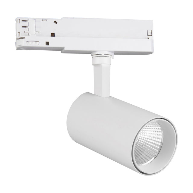 Fiji 30W Track Light in white, showing the compact cylinder head with three-circuit track adaptor, integrated LED and 80mm body, on a plain white background.