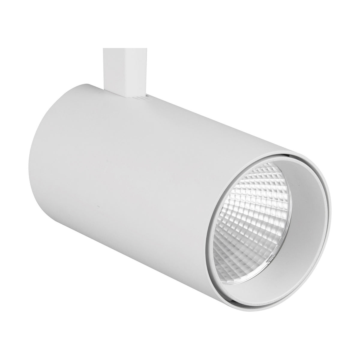 Fiji 30W Track Light in white, a cylindrical aluminium spotlight head with integrated LED and honeycomb lens, shown on a plain white background.