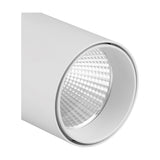 Fiji 30W Track Light in white, close-up of the cylindrical 80mm head showing the textured LED lens and integrated fitting, shown on a plain background.