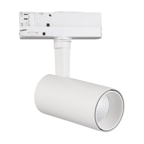 Fiji 20W Track Light in white aluminium, 65mm cylindrical head on a three-circuit track adaptor, shown at an angle against a plain white background.