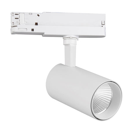 Fiji 30W Track Light in white aluminium, showing a cylindrical spotlight head with visible LED lens on an adjustable arm and three-circuit track adaptor, on a plain white background.