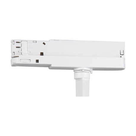 Fiji 30W Track Light 80mm 4000K in white, close-up of the track adaptor with clip fittings and switch above the round aluminium spotlight head, shown on a plain white background.