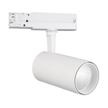 Fiji 40W Track Light in white, showing a cylindrical LED spot head with adjustable arm mounted on a three-circuit track adapter, 4000K, 85mm, on a plain white background.