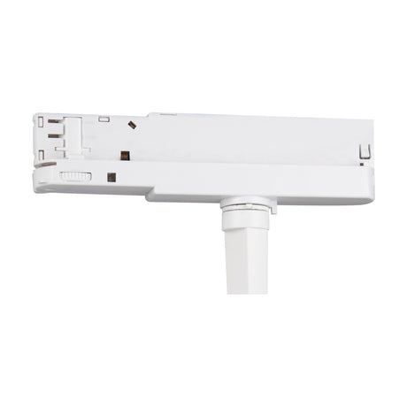 Fiji 40W Track Light adaptor head in white aluminium, showing the three-circuit track connector and mounting arm on a plain white background.