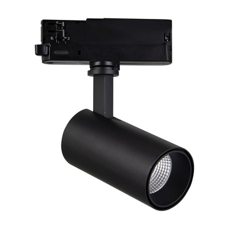 Fiji 20W Track Light in black, cylindrical adjustable head with LED spotlight on a three-circuit track mount, 3000K warm white, shown on a plain white background.