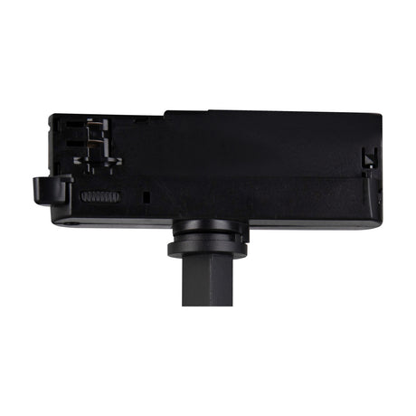 Rear view of the Fiji 20W track light head in black aluminium, showing the three-circuit track adaptor, connector pins and mounting clip on a white background.