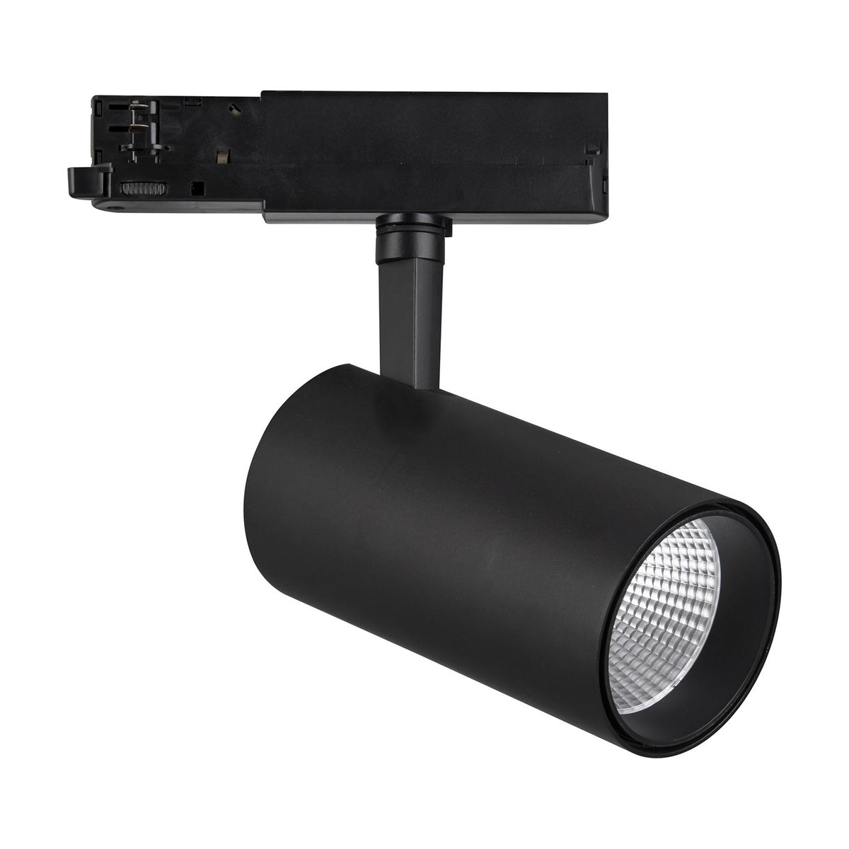 Fiji 40W Track Light in black aluminium, cylindrical spotlight head with track mount adaptor, 85mm size, 3000K warm white LED, shown on a plain white background.
