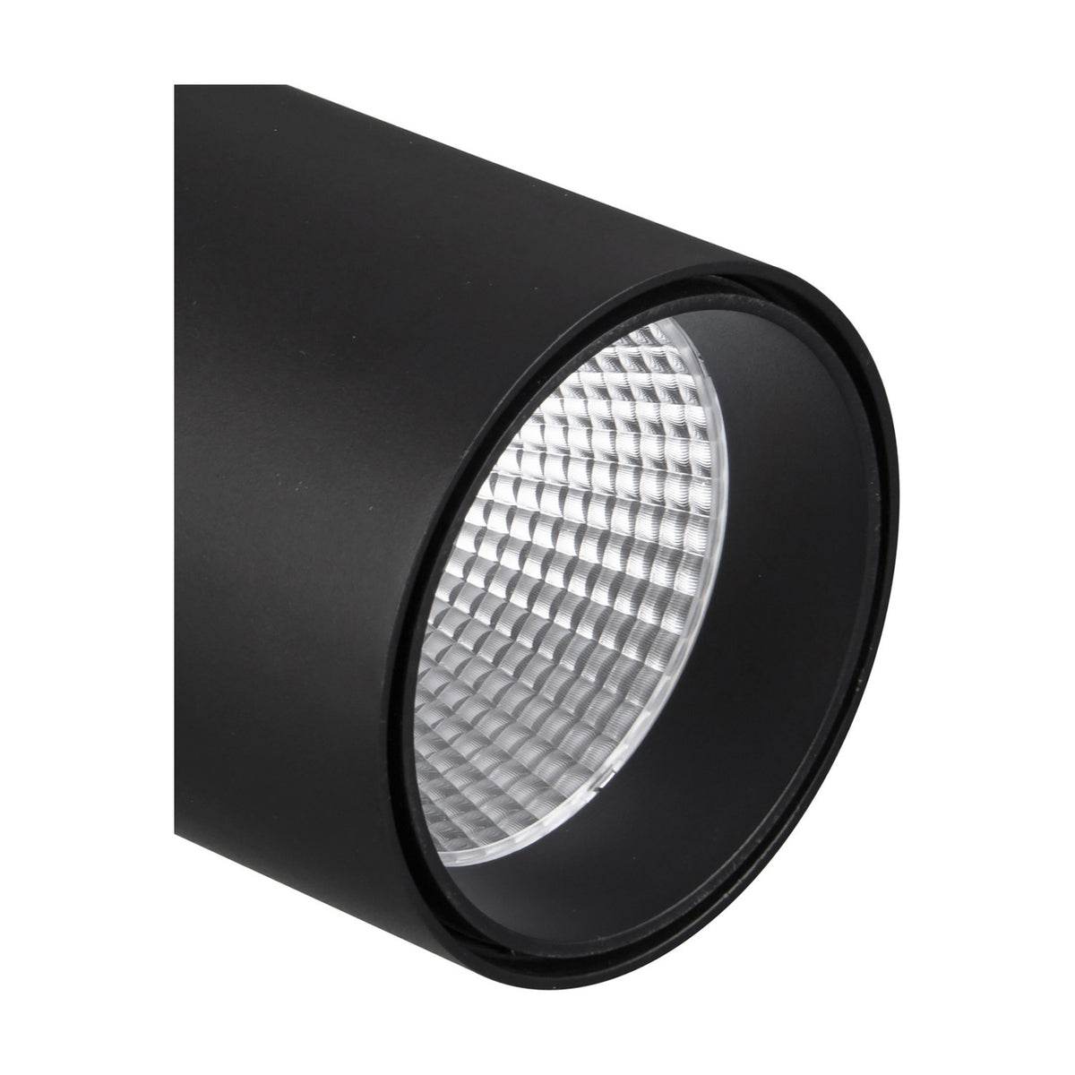 Close-up of the Fiji 40W Track Light in black cylindrical aluminium housing, 85mm face with textured reflector lens, shown on a plain white background.