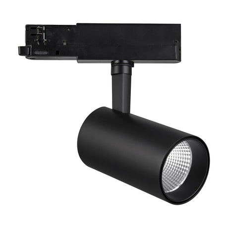 Fiji 30W Track Light, a single black cylindrical spot head with tiltable lens on a three-circuit track adaptor, 80mm size, 4000K, shown on a plain white background.