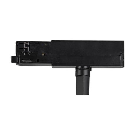 Fiji 30W Track Light 80mm 4000K in black, showing the aluminium track adaptor with connector pins and the angled spot head on a plain white background.