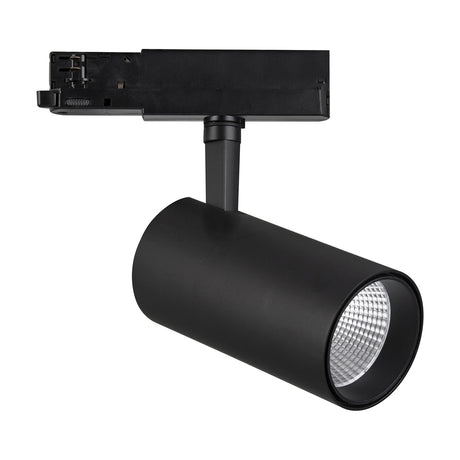 Fiji 40W Track Light in black aluminium, cylindrical spot head on angled connector with three-circuit track adaptor, shown against a plain white background.