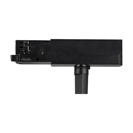 Fiji 40W Track Light in black aluminium, shown from the side with three-circuit track connector, adjustable head and angled arm, 4000K, on a plain white background.