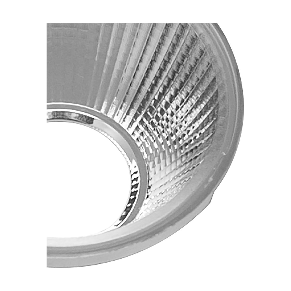 Close-up of the Fiji Lens 50mm 15 Degree in chrome, showing a ribbed reflector cone and central beam aperture on a plain white background.